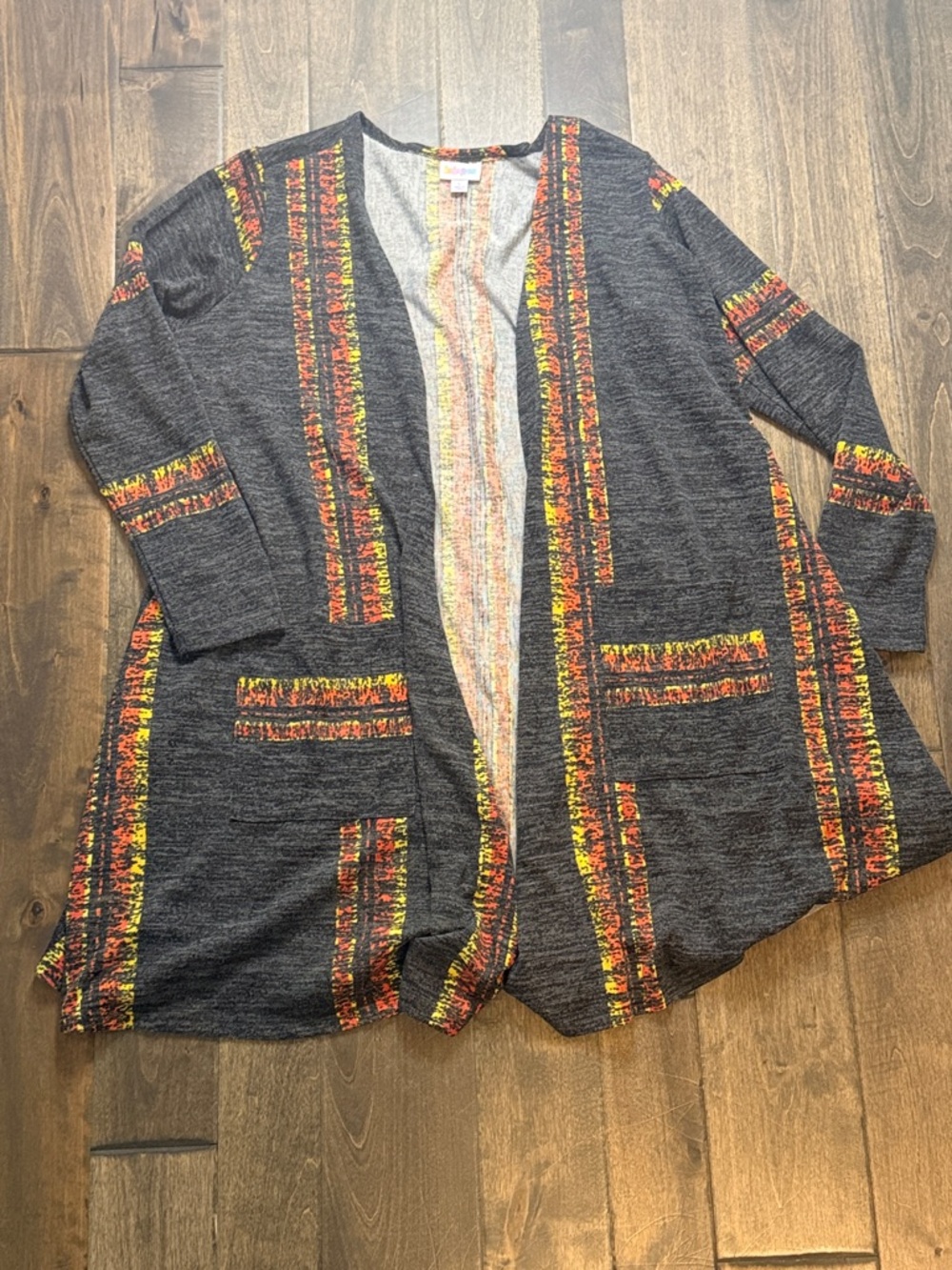 Open-Front Charcoal Knit Cardigan with Autumn Stripe Trim Lularoe